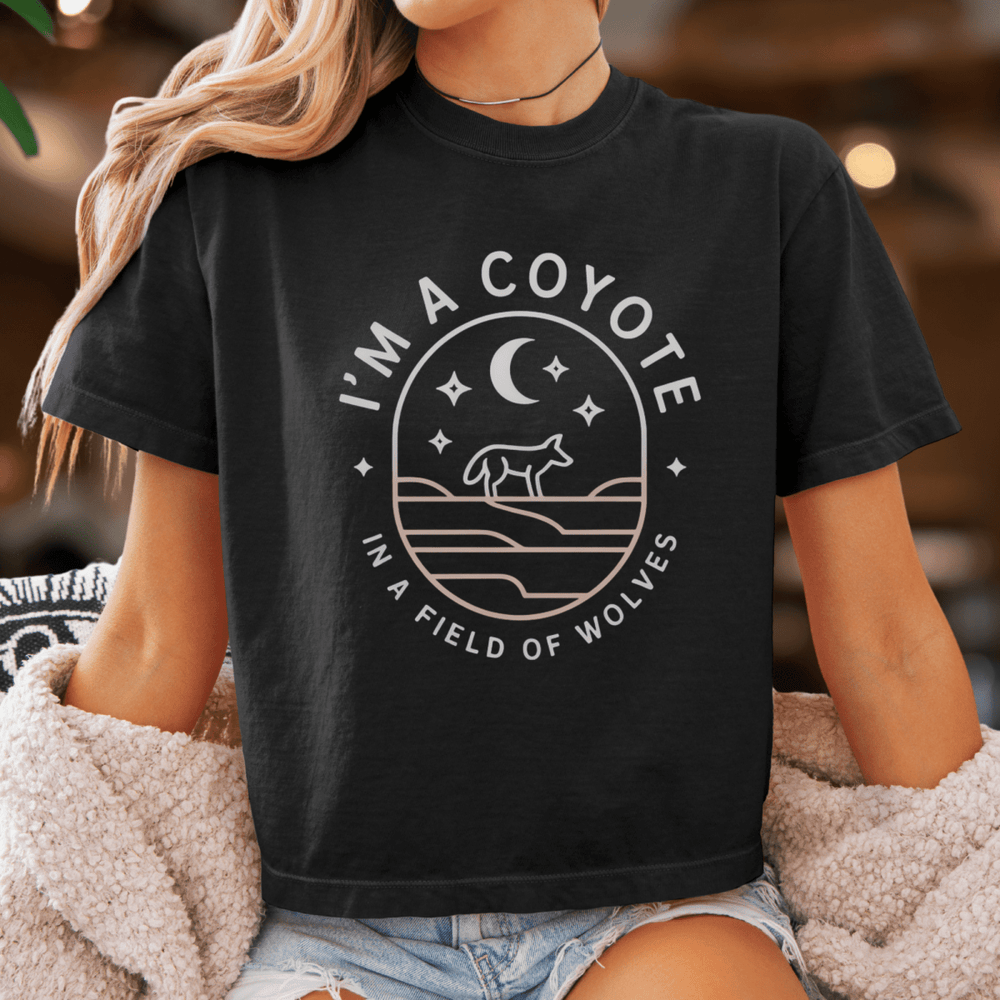 I'm a Coyote Badge Cropped Concert Tee - Sunlit Funlit | Graphic Tees for Country Concert Addicts