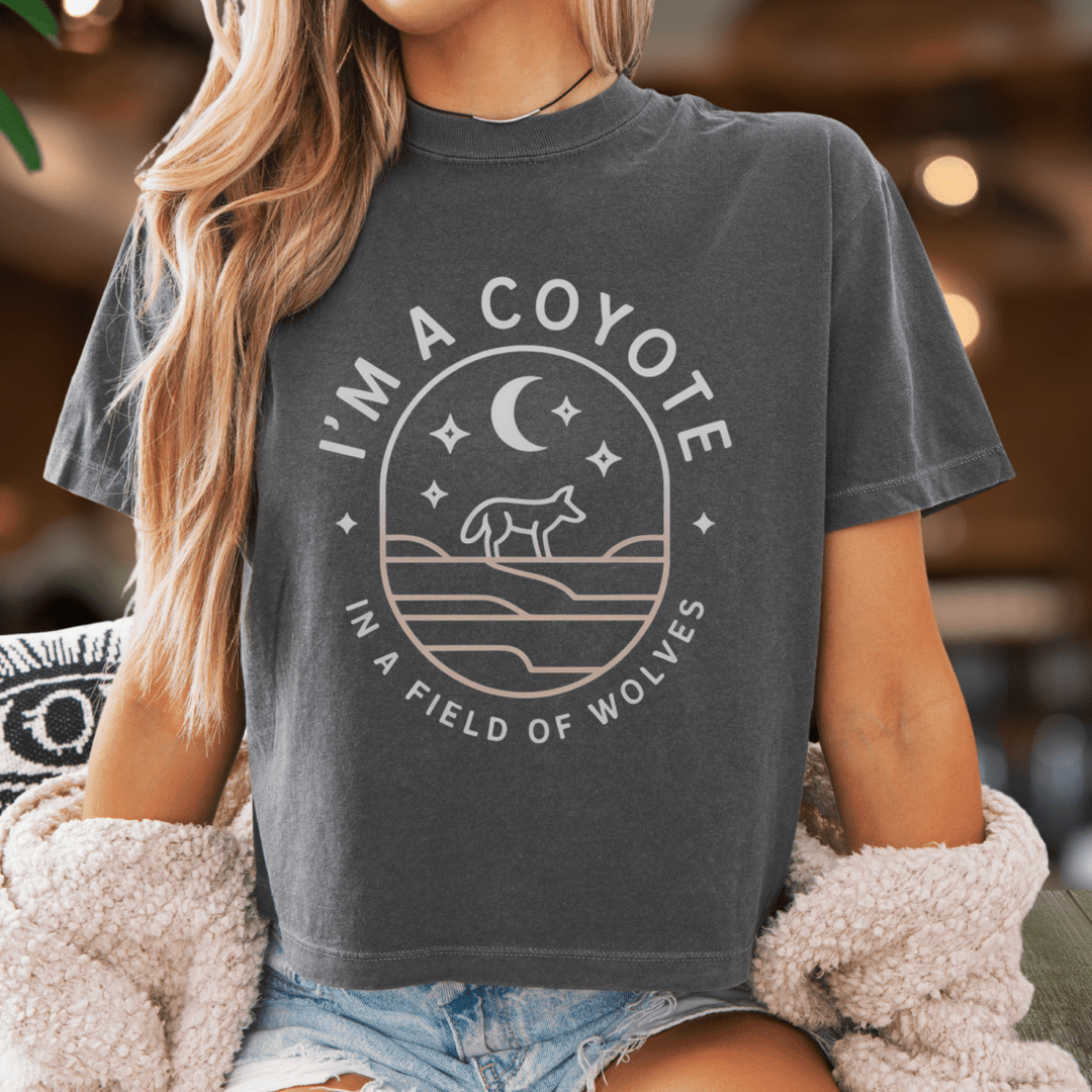 I'm a Coyote Badge Cropped Concert Tee - Sunlit Funlit | Graphic Tees for Country Concert Addicts