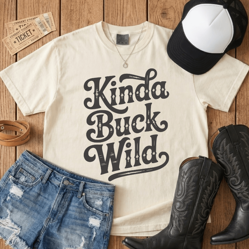 Beige t-shirt with 'Kinda Buck Wild' text, denim shorts, cowboy boots, and a cap on a wooden surface.