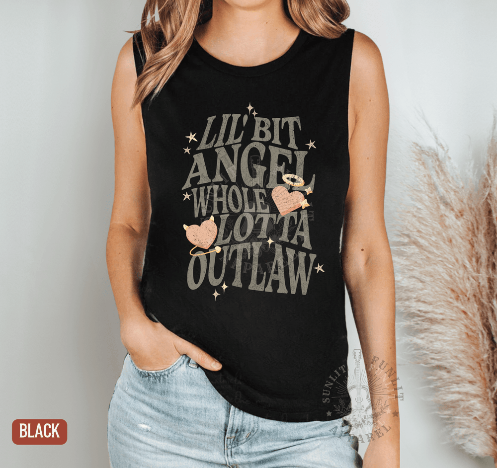 Lil Bit Angel Whole Lotta Outlaw Muscle Tank - Wallen Concert Tank Top - Sunlit Funlit | Graphic Tees for Country Concert Addicts