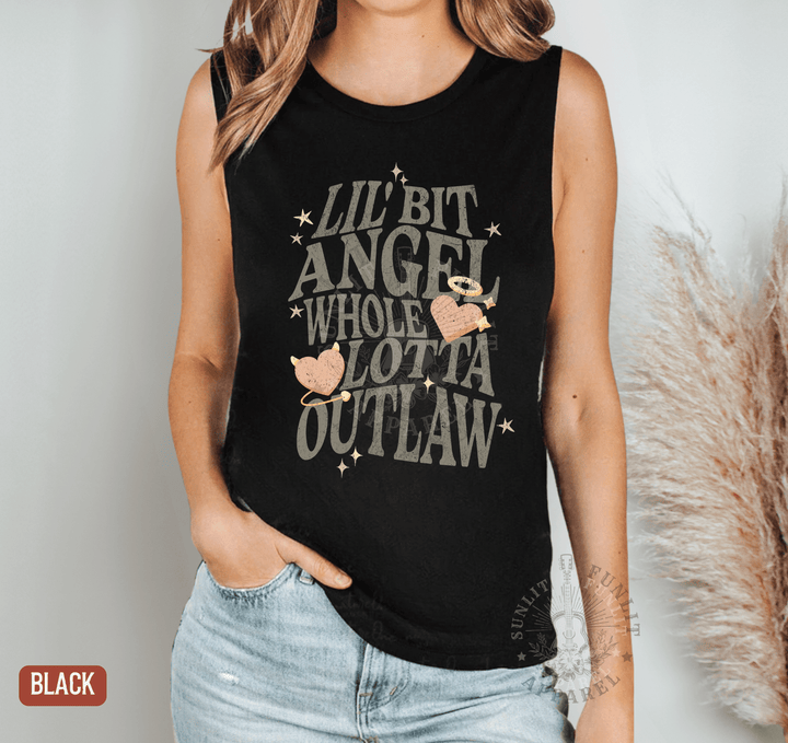 Lil Bit Angel Whole Lotta Outlaw Muscle Tank - Wallen Concert Tank Top - Sunlit Funlit | Graphic Tees for Country Concert Addicts