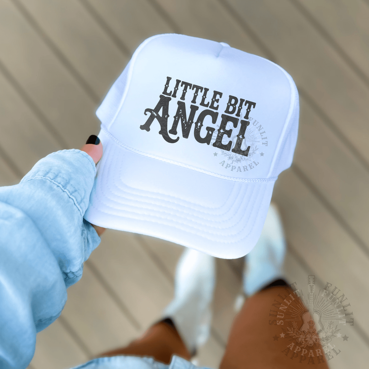 Little Bit Angel Country Trucker Hat - Sunlit Funlit | Graphic Tees for Country Concert Addicts