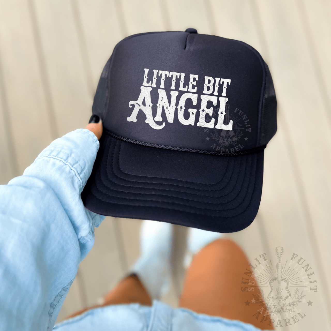Little Bit Angel Country Trucker Hat - Sunlit Funlit | Graphic Tees for Country Concert Addicts