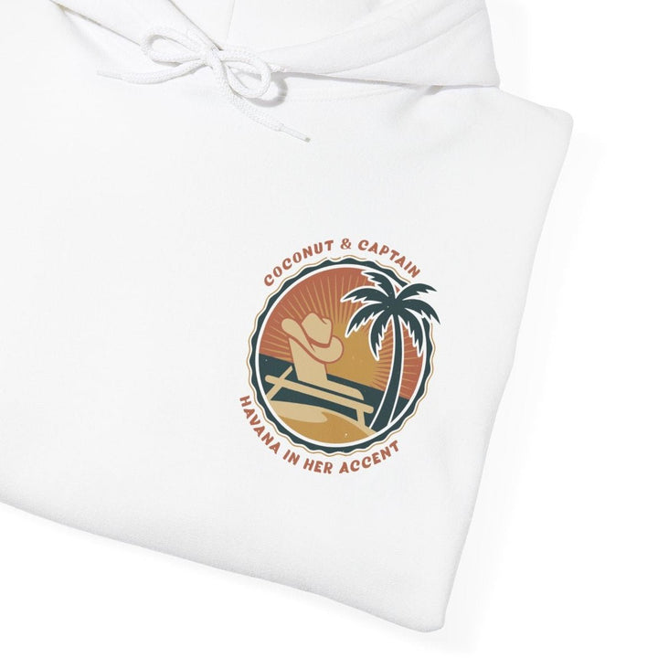 Folded gray hoodie with a logo on a white background