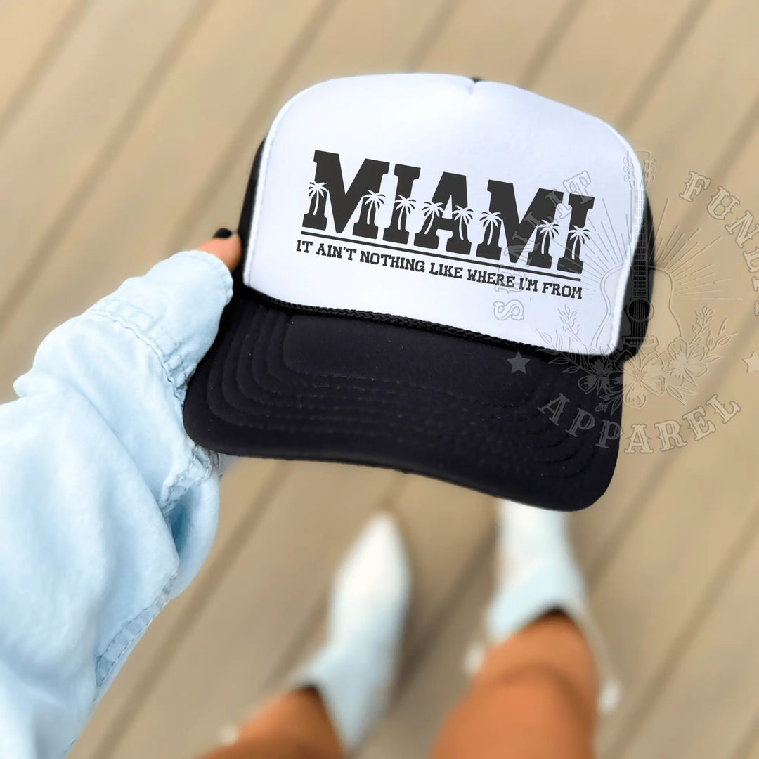Miami Trucker Hat – Palm Tree Mesh Cap with Country Lyrics - Sunlit Funlit Country Music Tees