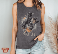 Thumbnail for Mockingbird Crow Muscle Tank - Hardy Concert Tank Top - Sunlit Funlit | Graphic Tees for Country Concert Addicts