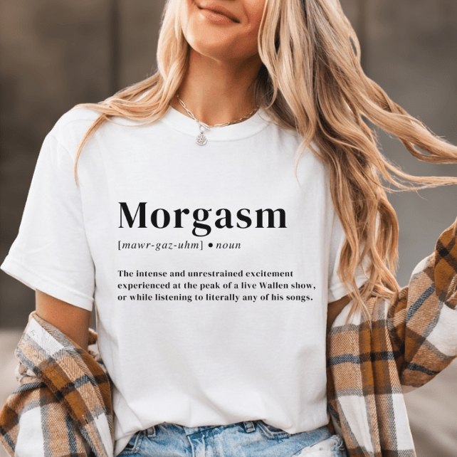 Person wearing a white t-shirt with 'Morgasm' definition text, plaid shirt, and denim shorts.