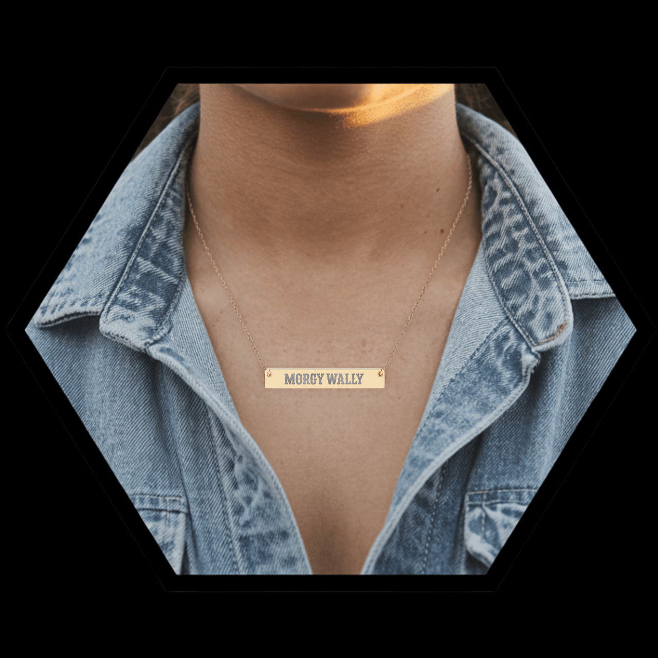 Morgy Wally Engraved Bar Necklace – Hypoallergenic Minimalist Pendant - Sunlit Funlit | Graphic Tees for Country Concert Addicts
