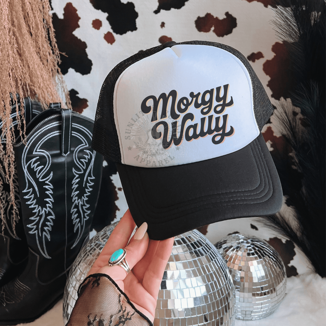 Morgy Wally Sunset Country Trucker Hat - Sunlit Funlit | Graphic Tees for Country Concert Addicts