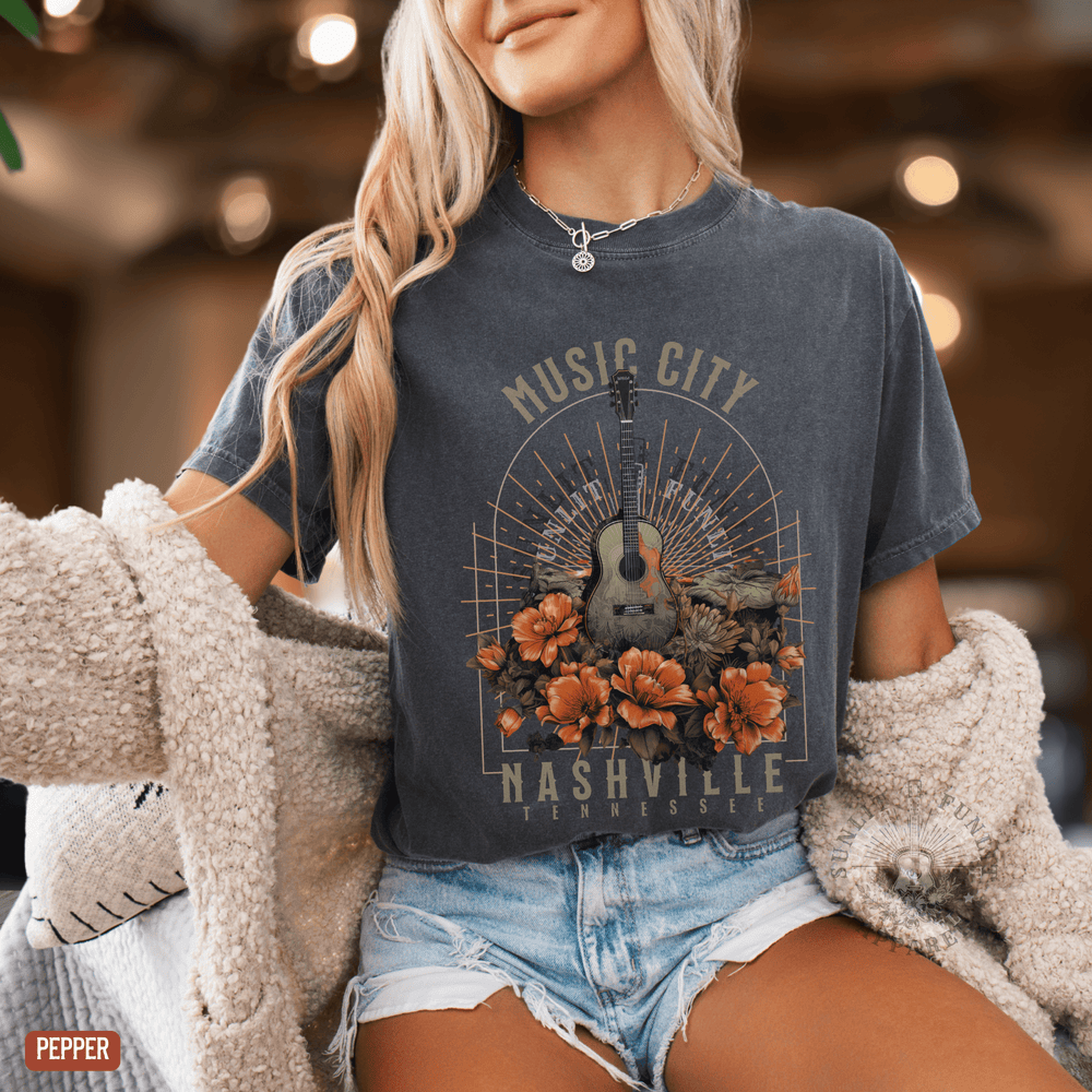 Nashville Music City Floral Comfort Colors Tee - Sunlit Funlit | Graphic Tees for Country Concert Addicts