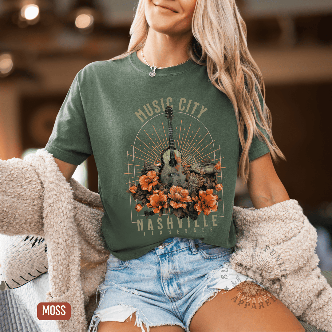 Nashville Music City Floral Comfort Colors Tee - Sunlit Funlit | Graphic Tees for Country Concert Addicts
