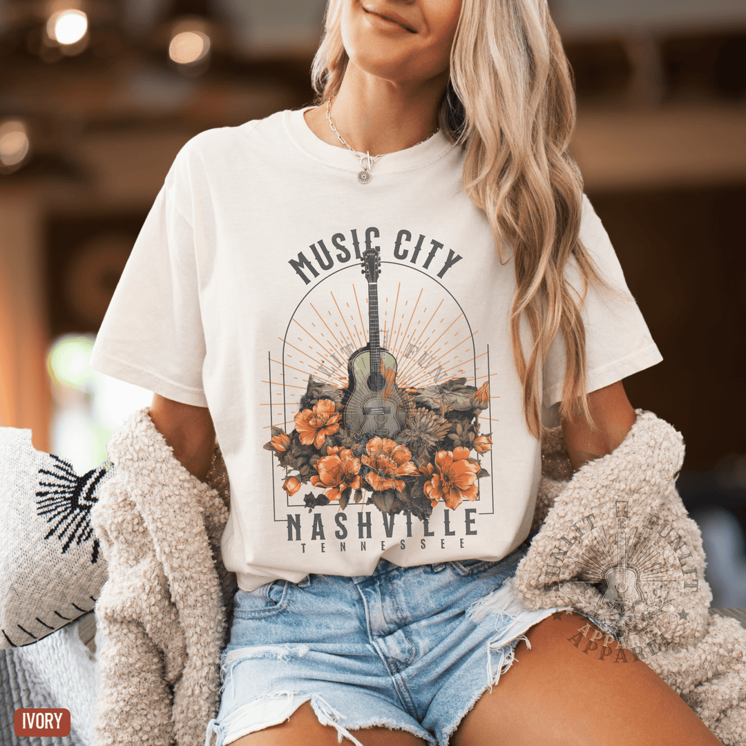Nashville Music City Floral Comfort Colors Tee - Sunlit Funlit | Graphic Tees for Country Concert Addicts