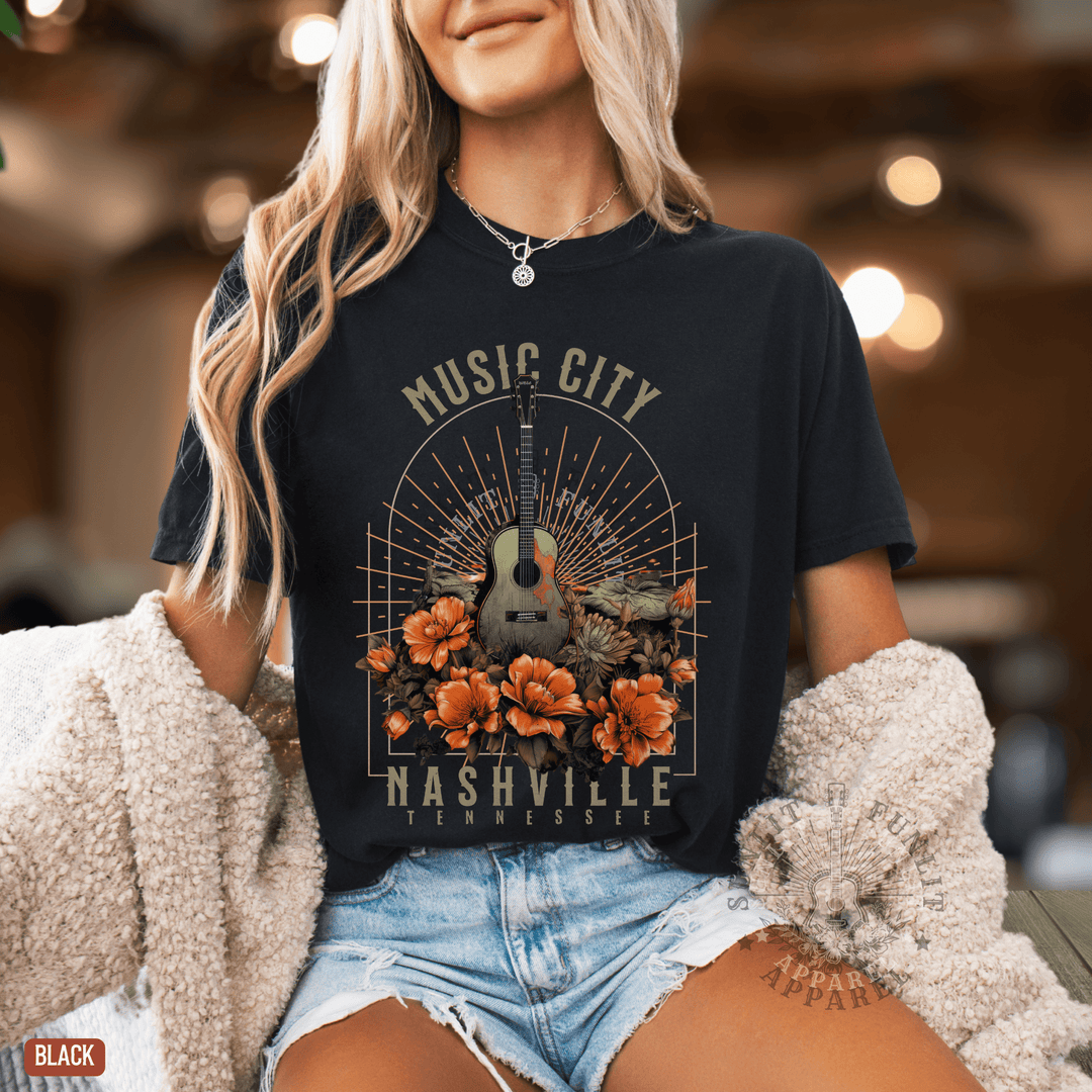 Nashville Music City Floral Comfort Colors Tee - Sunlit Funlit | Graphic Tees for Country Concert Addicts