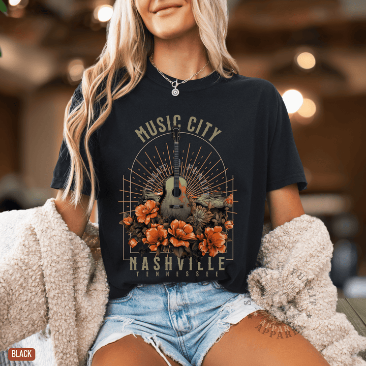 Nashville Music City Floral Comfort Colors Tee - Sunlit Funlit | Graphic Tees for Country Concert Addicts