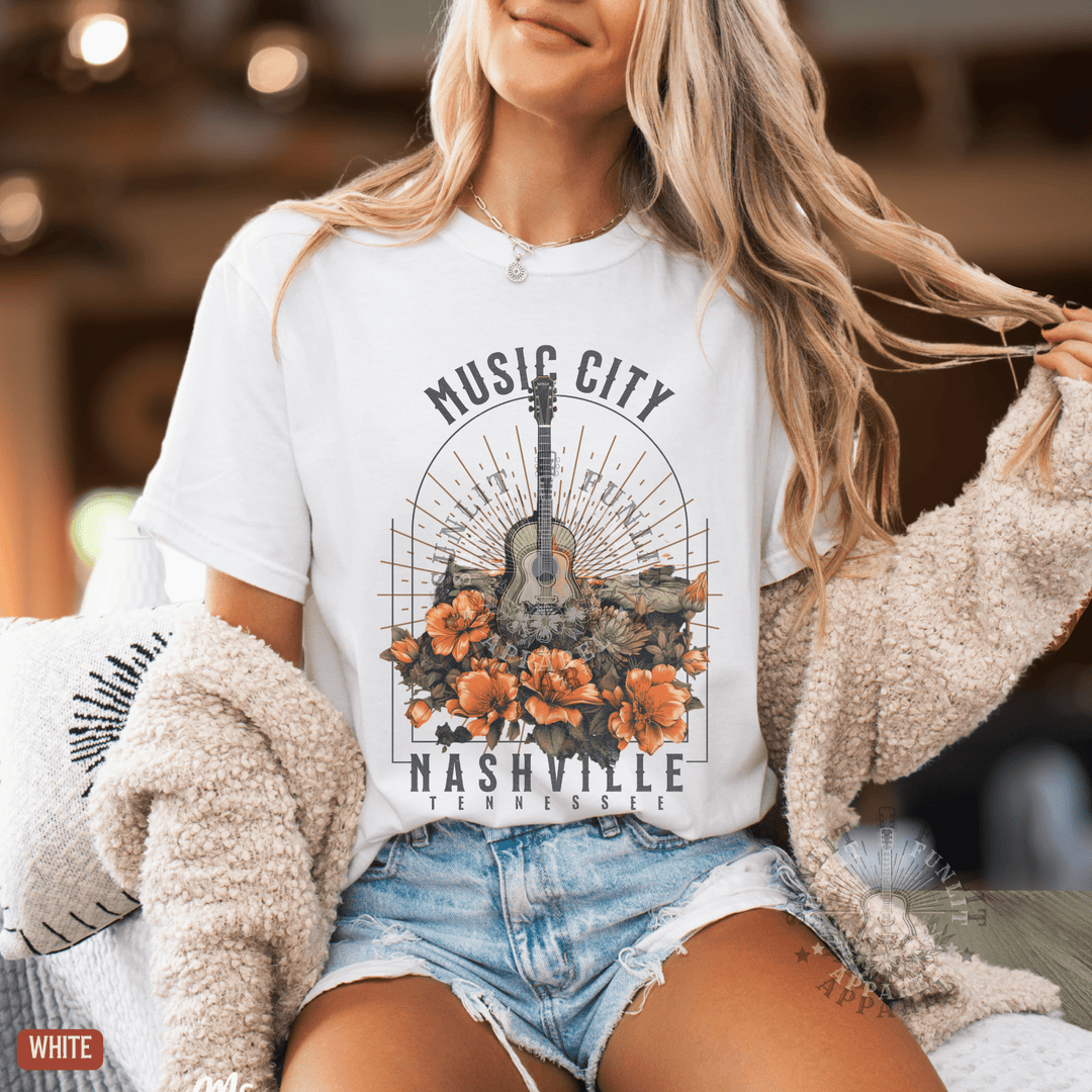 Nashville Music City Floral Comfort Colors Tee - Sunlit Funlit | Graphic Tees for Country Concert Addicts