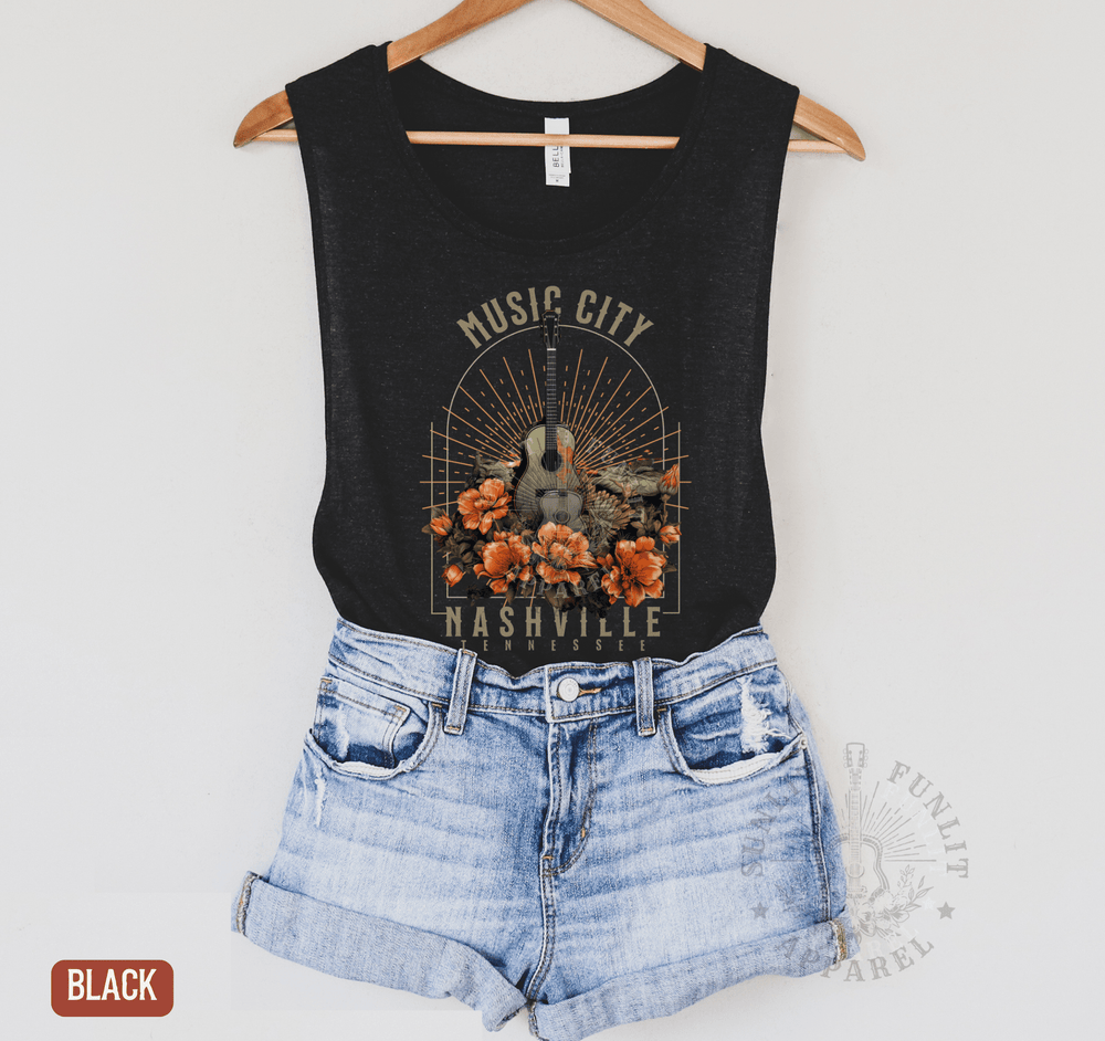 Nashville Music City Muscle Tank – Retro Country Concert Style - Sunlit Funlit | Graphic Tees for Country Concert Addicts