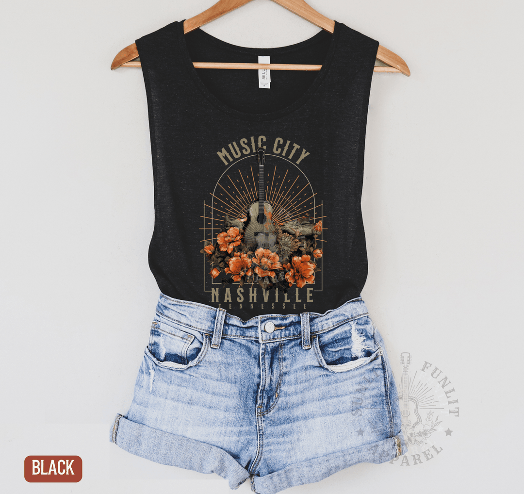 Nashville Music City Muscle Tank – Retro Country Concert Style - Sunlit Funlit | Graphic Tees for Country Concert Addicts