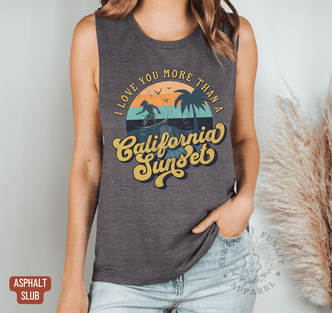 Retro California Sunset Muscle Tank - Country Concert Tank Top - Sunlit Funlit | Graphic Tees for Country Concert Addicts