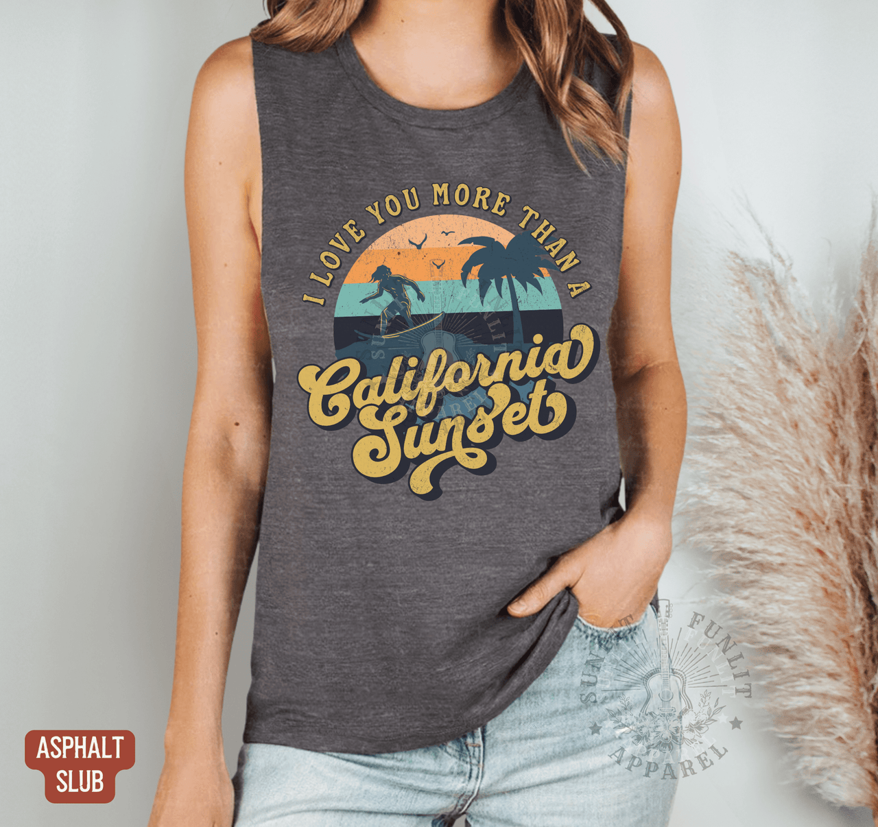 Retro California Sunset Muscle Tank - Country Concert Tank Top - Sunlit Funlit | Graphic Tees for Country Concert Addicts