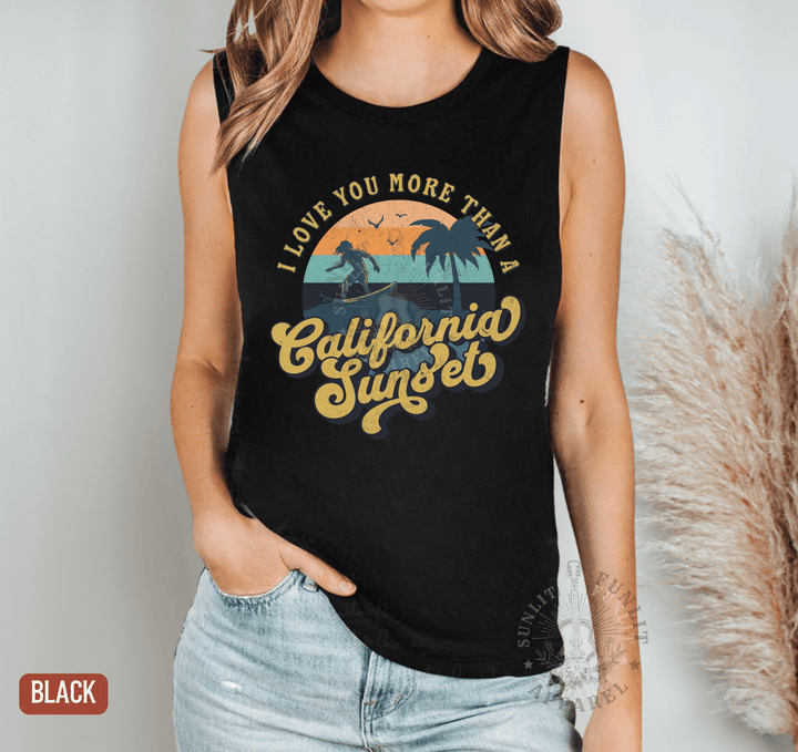 Retro California Sunset Muscle Tank - Country Concert Tank Top - Sunlit Funlit | Graphic Tees for Country Concert Addicts