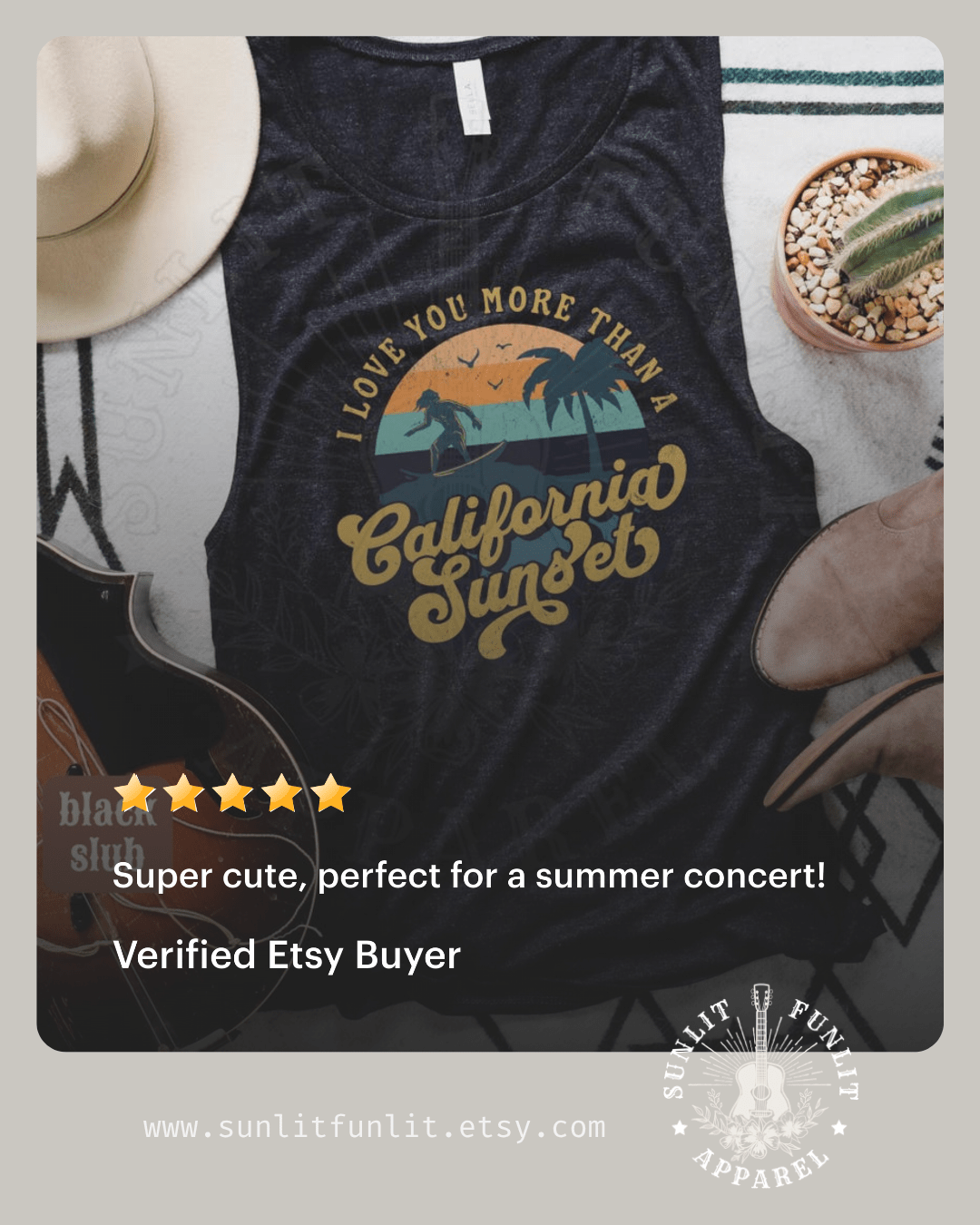 Retro California Sunset Muscle Tank - Country Concert Tank Top - Sunlit Funlit | Graphic Tees for Country Concert Addicts