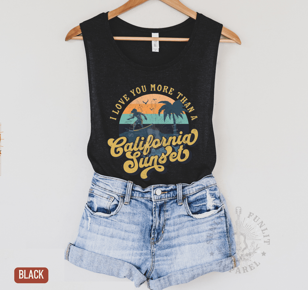 Retro California Sunset Muscle Tank - Country Concert Tank Top - Sunlit Funlit | Graphic Tees for Country Concert Addicts