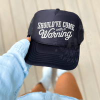 Thumbnail for Should’ve Come with a Warning Country Trucker Hat - Sunlit Funlit | Graphic Tees for Country Concert Addicts