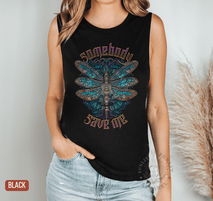 Somebody Save Me Dragonfly Muscle Tank - Jelly Concert Tank Top - Sunlit Funlit | Graphic Tees for Country Concert Addicts