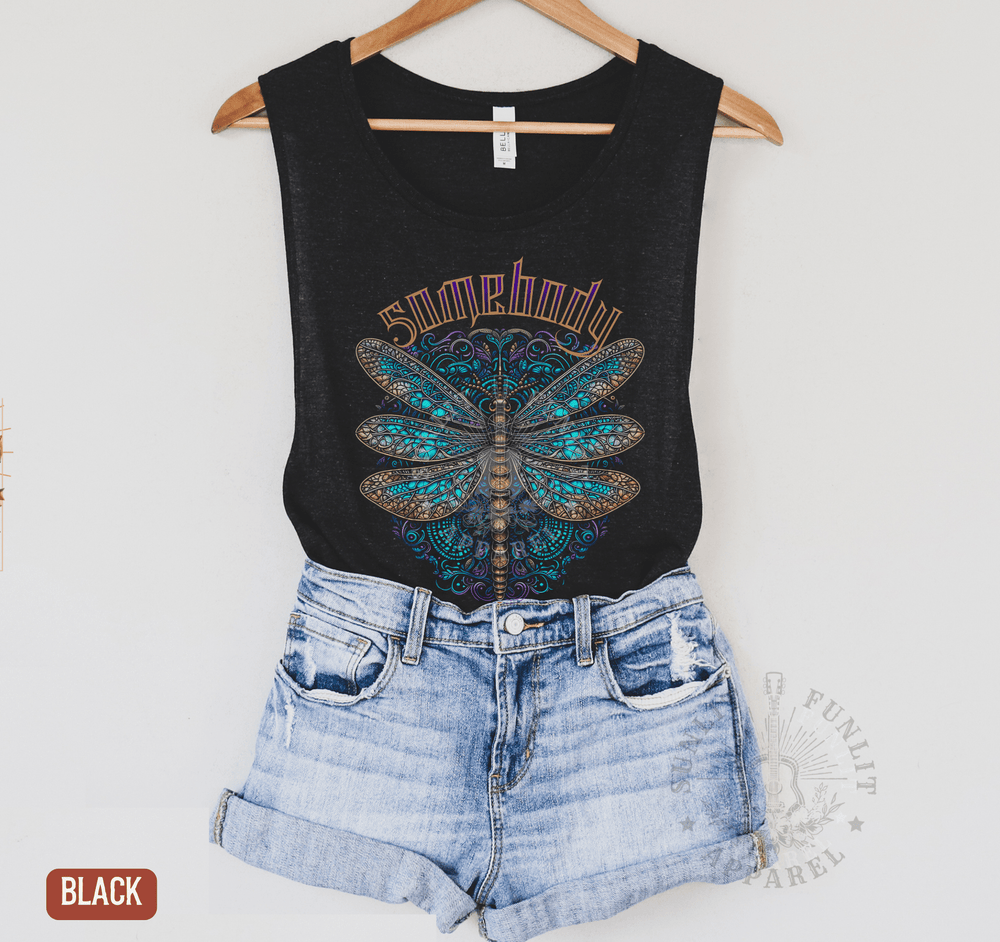 Somebody Save Me Dragonfly Muscle Tank - Jelly Concert Tank Top - Sunlit Funlit | Graphic Tees for Country Concert Addicts