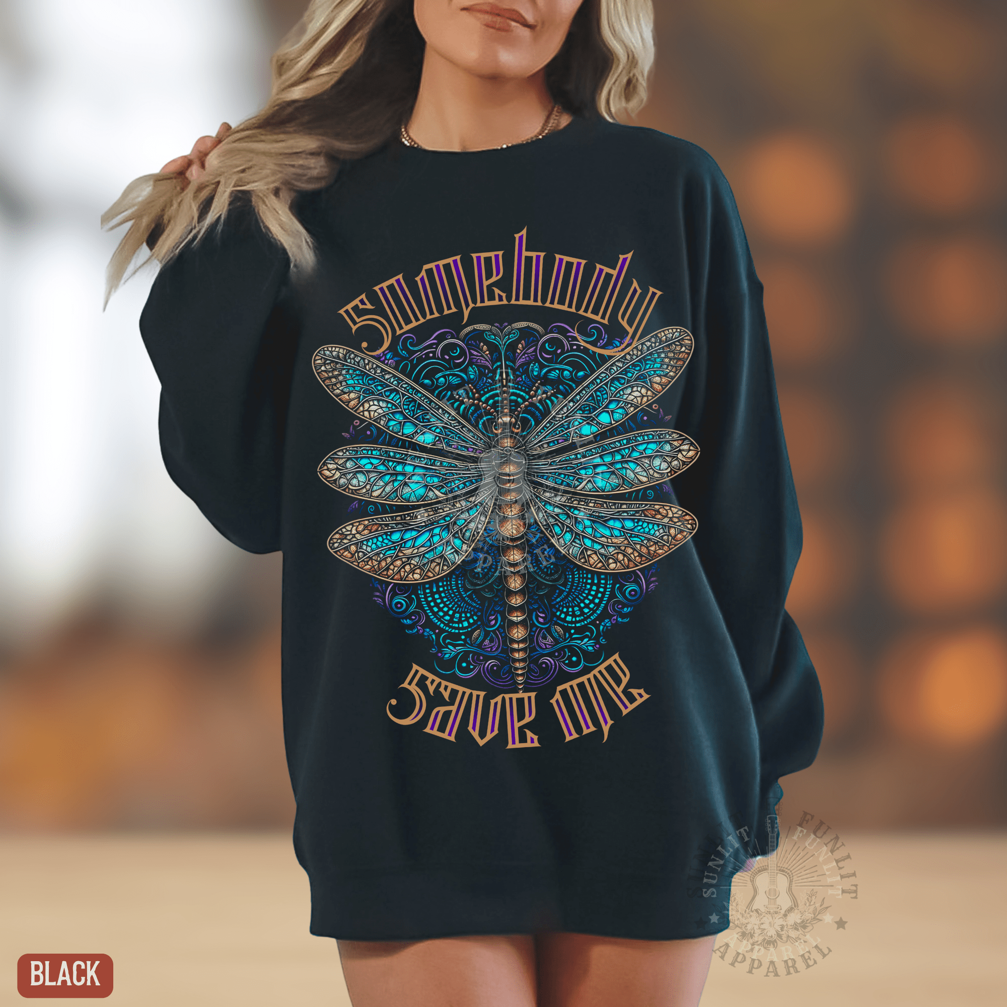 Somebody Save Me Dragonfly Sweatshirt - Sunlit Funlit | Graphic Tees for Country Concert Addicts
