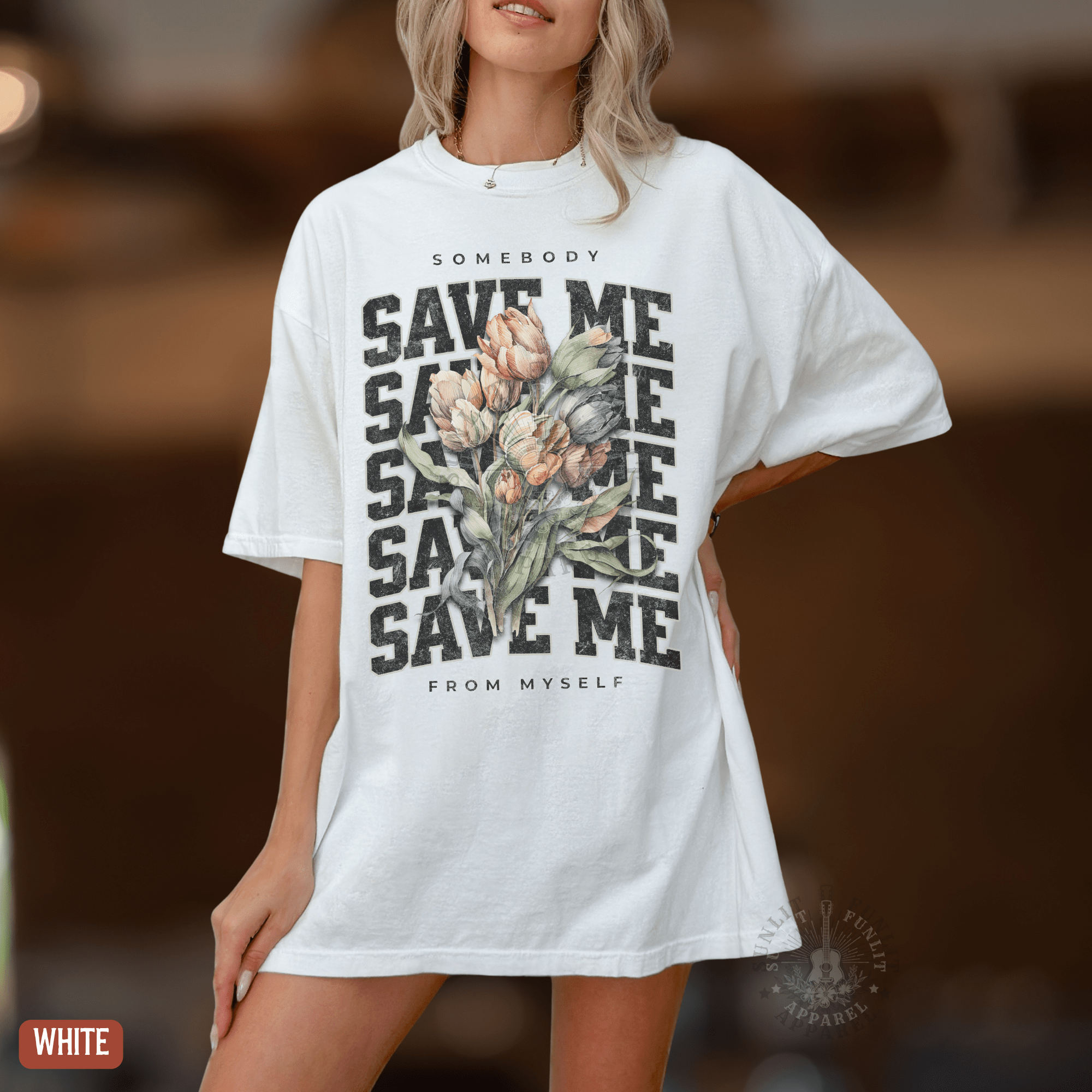 Somebody Save Me Floral Comfort Colors Tee - Sunlit Funlit | Graphic Tees for Country Concert Addicts