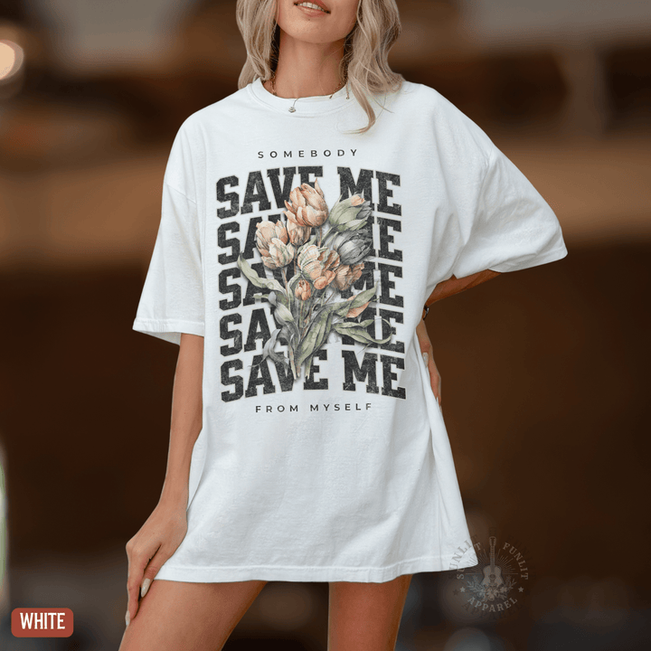 Somebody Save Me Floral Comfort Colors Tee - Sunlit Funlit | Graphic Tees for Country Concert Addicts