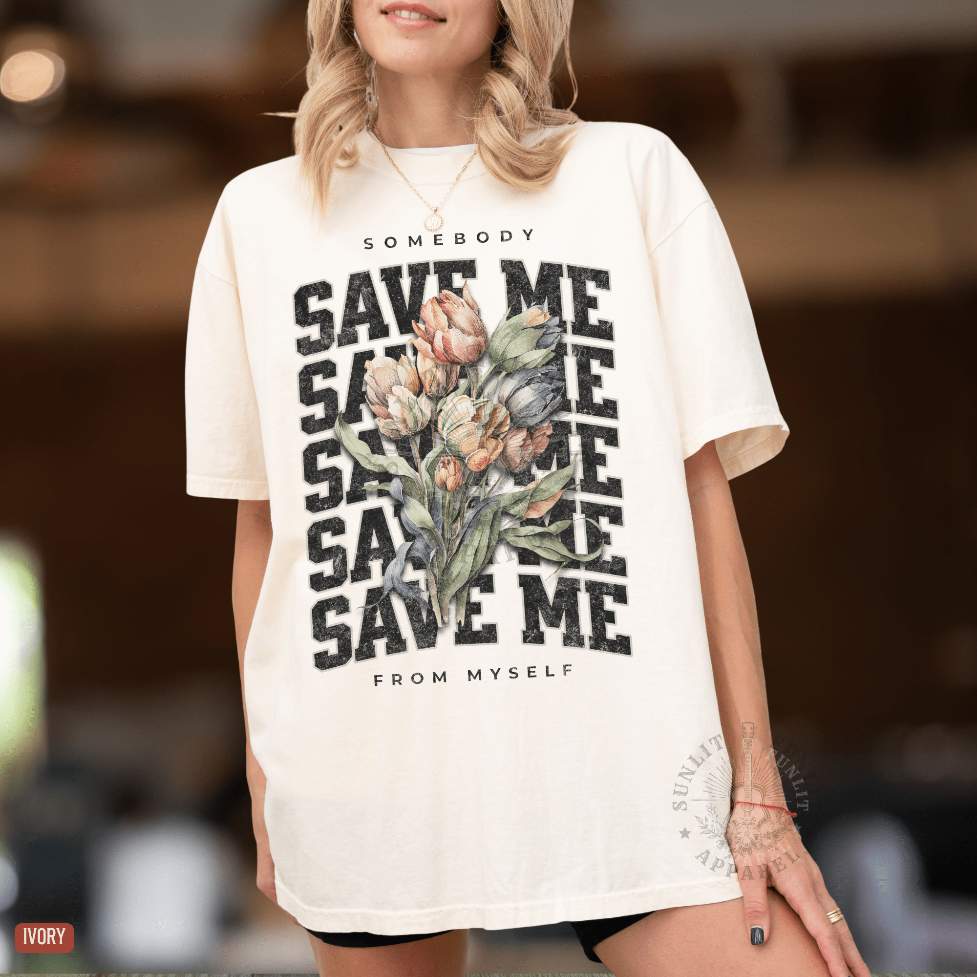 Somebody Save Me Floral Comfort Colors Tee - Sunlit Funlit | Graphic Tees for Country Concert Addicts