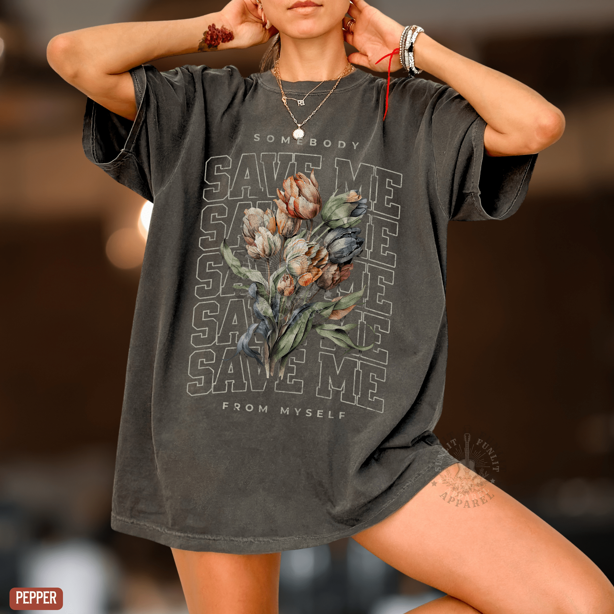 Somebody Save Me Floral Comfort Colors Tee - Sunlit Funlit | Graphic Tees for Country Concert Addicts