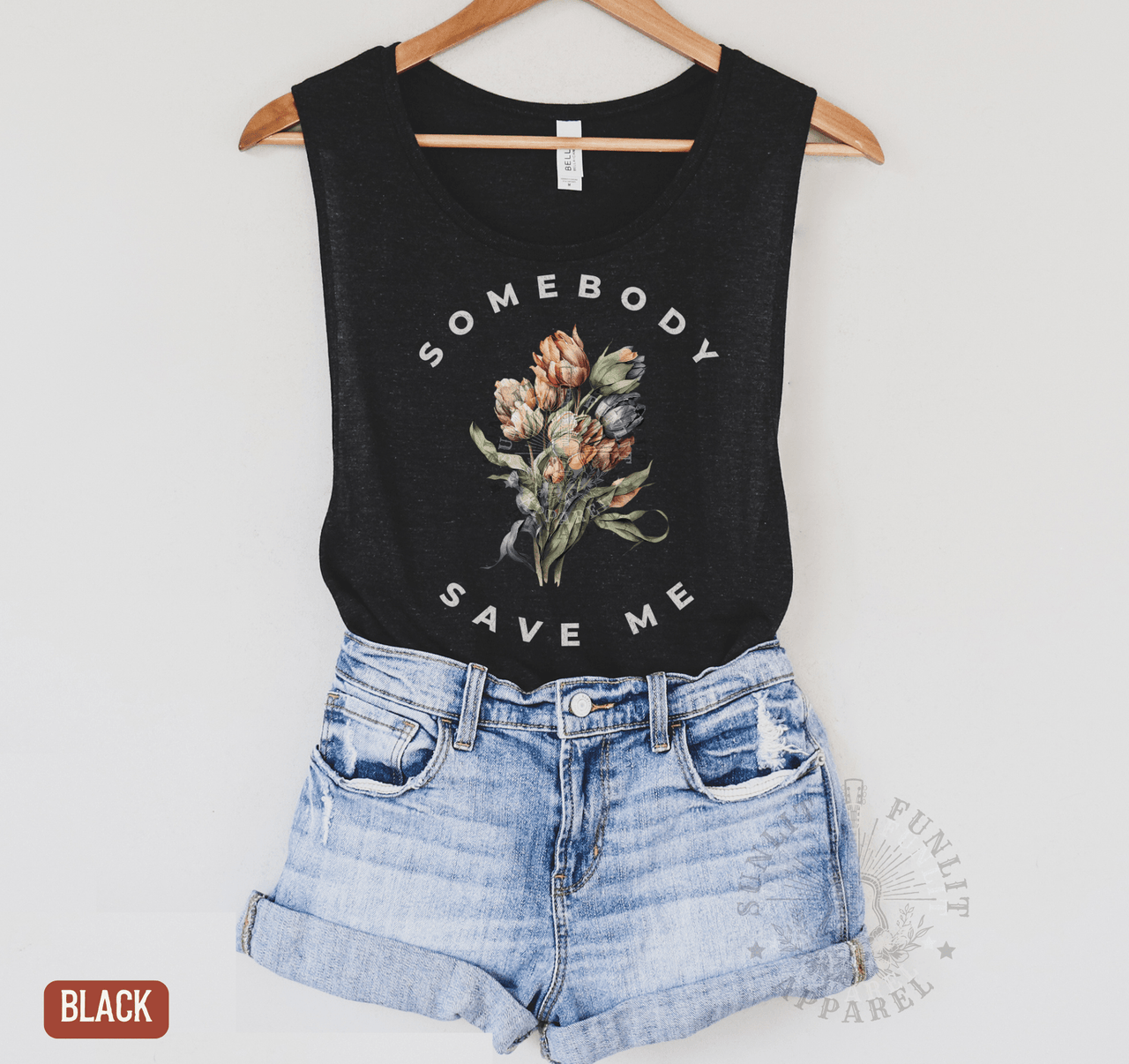 Somebody Save Me Floral Muscle Tank - Country Concert Tank Top - Sunlit Funlit | Graphic Tees for Country Concert Addicts