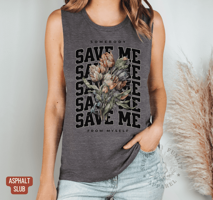 Somebody Save Me Rainbow Muscle Tank - Jelly Concert Tank Top - Sunlit Funlit | Graphic Tees for Country Concert Addicts