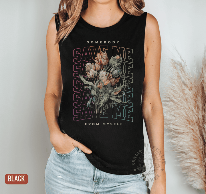 Somebody Save Me Rainbow Muscle Tank - Jelly Concert Tank Top - Sunlit Funlit | Graphic Tees for Country Concert Addicts