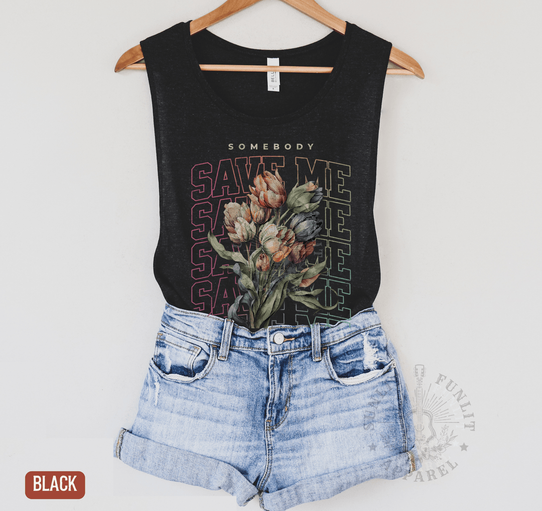 Somebody Save Me Rainbow Muscle Tank - Jelly Concert Tank Top - Sunlit Funlit | Graphic Tees for Country Concert Addicts