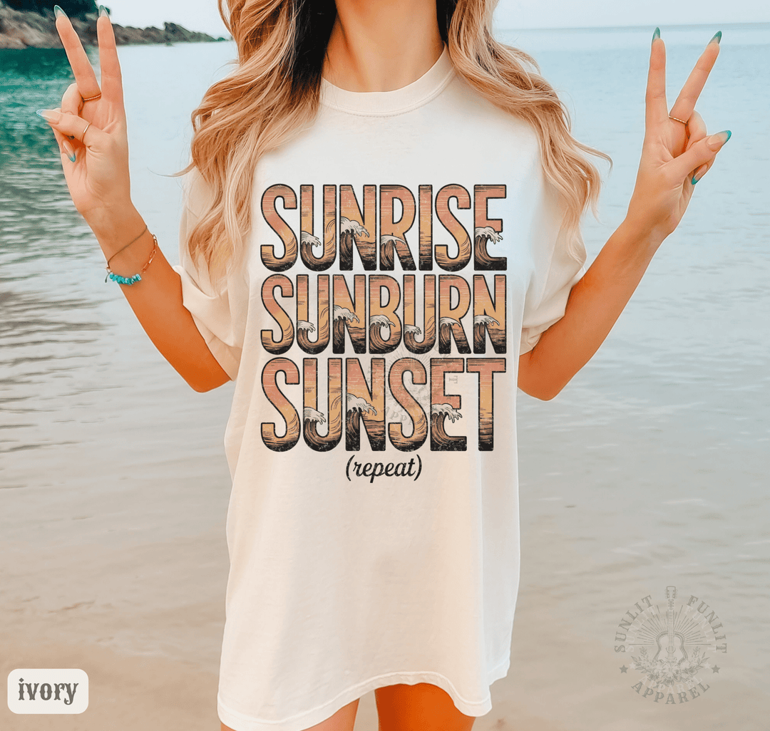Sunrise Sunburn Sunset Beach Tee | Country Song Shirt - Sunlit Funlit | Graphic Tees for Country Concert Addicts