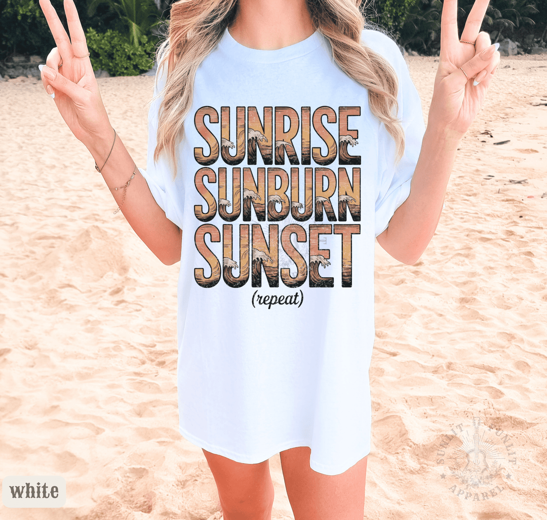 Sunrise Sunburn Sunset Beach Tee | Country Song Shirt - Sunlit Funlit | Graphic Tees for Country Concert Addicts