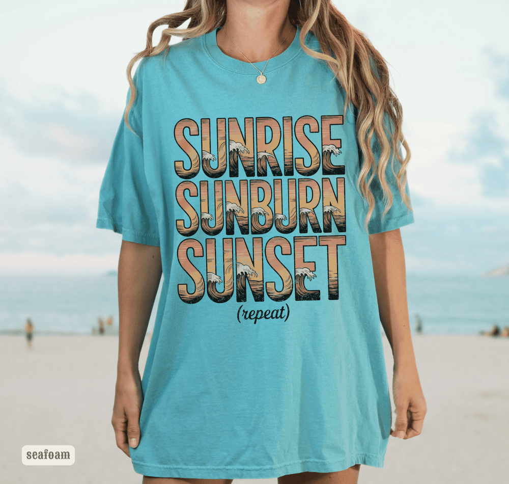 Sunrise Sunburn Sunset Beach Tee | Country Song Shirt - Sunlit Funlit | Graphic Tees for Country Concert Addicts