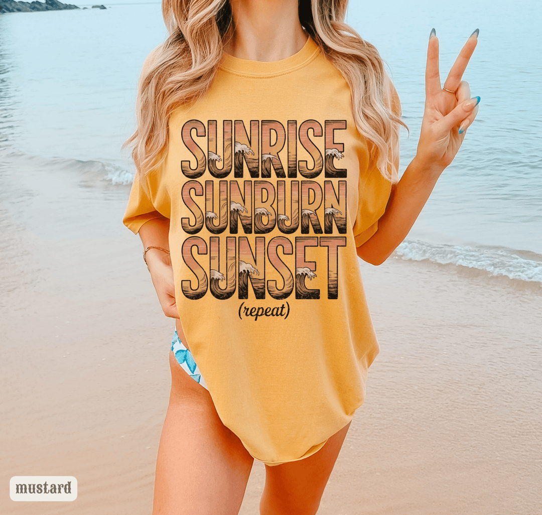 Sunrise Sunburn Sunset Beach Tee | Country Song Shirt - Sunlit Funlit | Graphic Tees for Country Concert Addicts