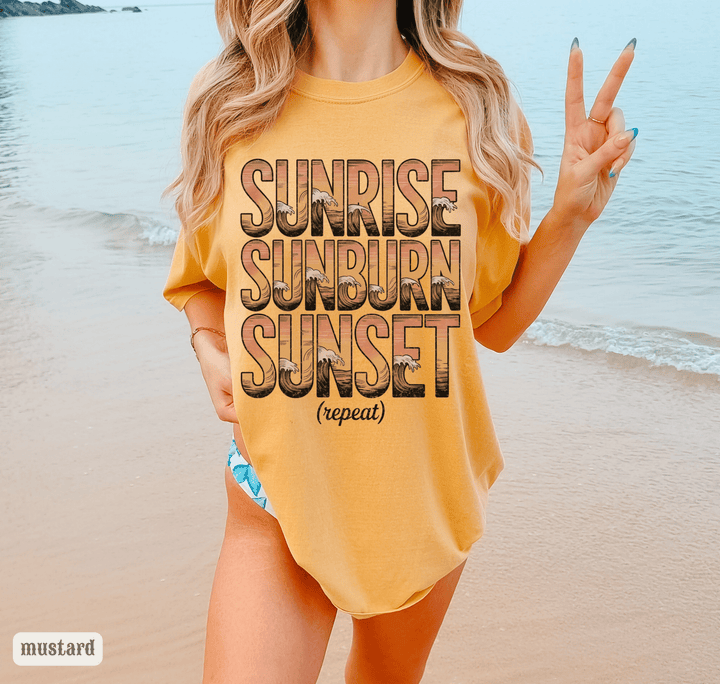 Sunrise Sunburn Sunset Beach Tee | Country Song Shirt - Sunlit Funlit | Graphic Tees for Country Concert Addicts