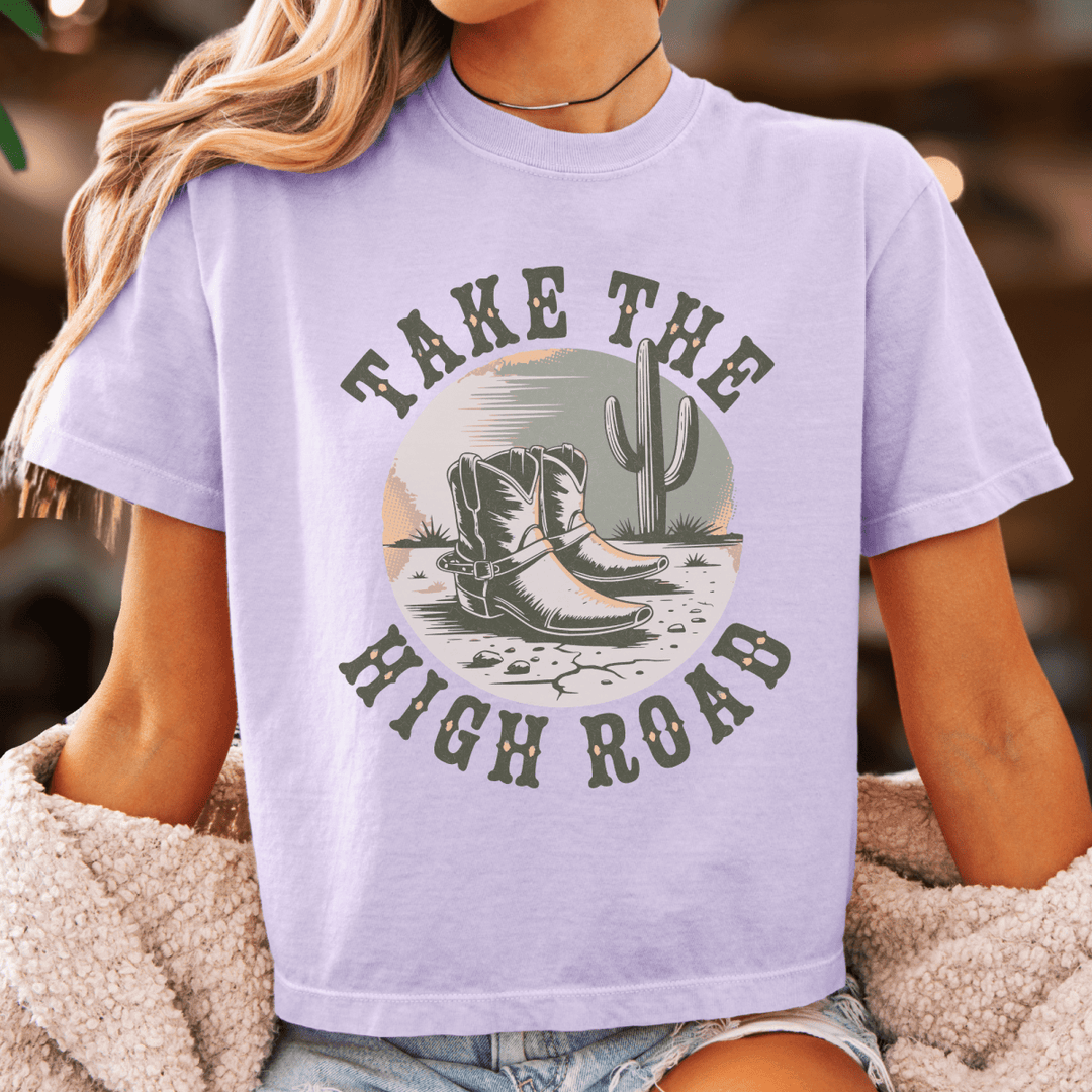 Take the High Road Boxy Cropped Tee - Sunlit Funlit | Graphic Tees for Country Concert Addicts