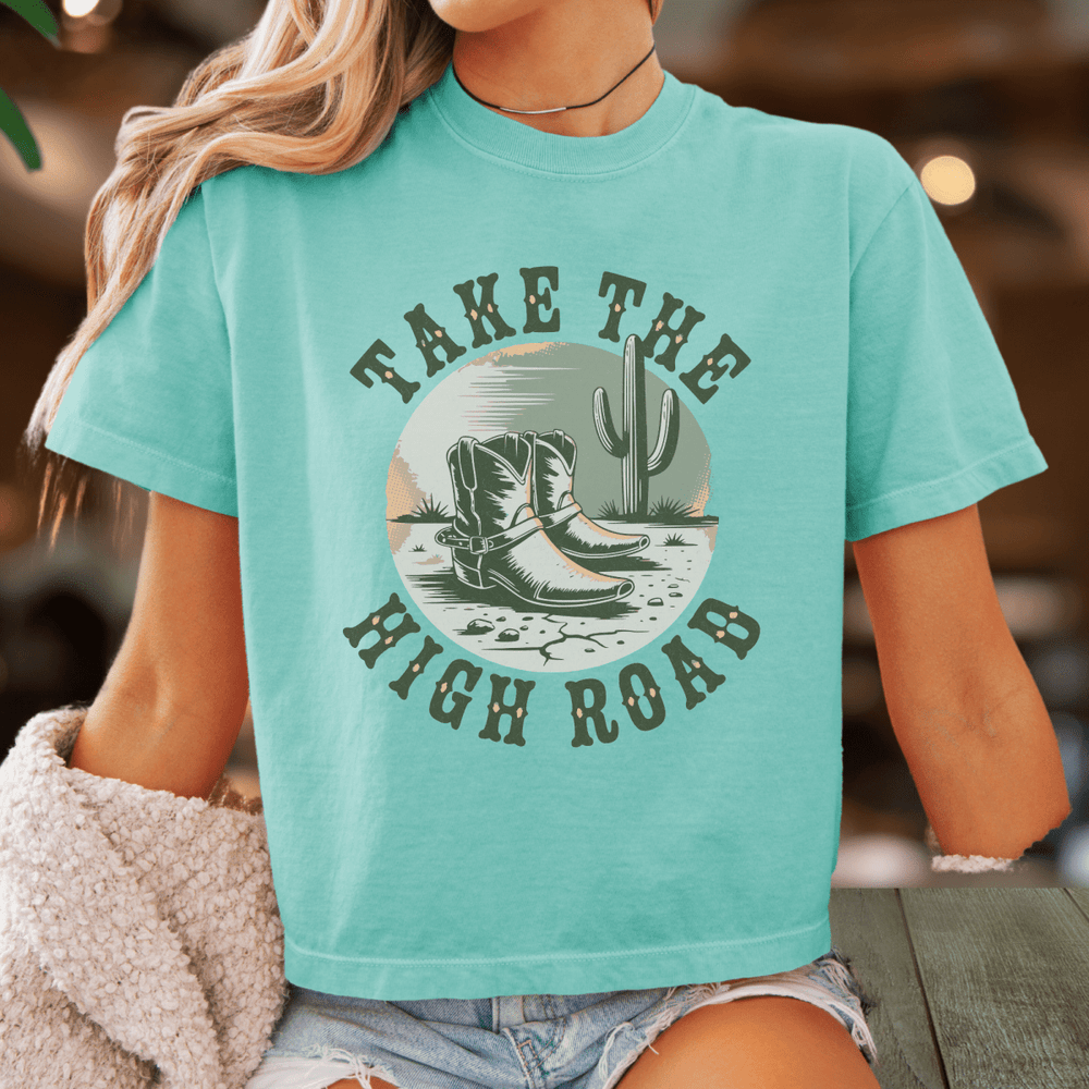 Take the High Road Boxy Cropped Tee - Sunlit Funlit | Graphic Tees for Country Concert Addicts