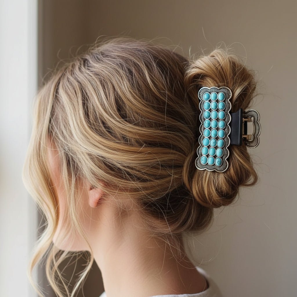 Western Turquoise Bubble Hair Claw Clip - Sunlit Funlit | Graphic Tees for Country Concert Addicts