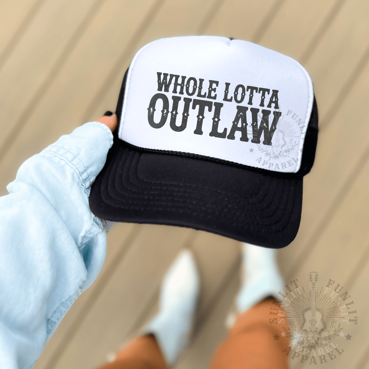 Whole Lotta Outlaw Country Trucker Hat - Sunlit Funlit | Graphic Tees for Country Concert Addicts