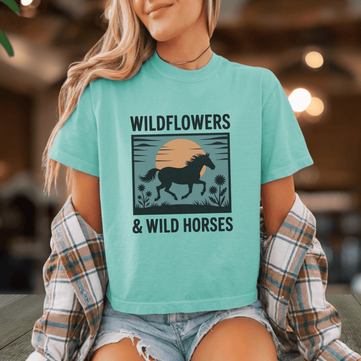 Wildflowers and Wild Horses Boxy Cropped Tee - Sunlit Funlit | Graphic Tees for Country Concert Addicts