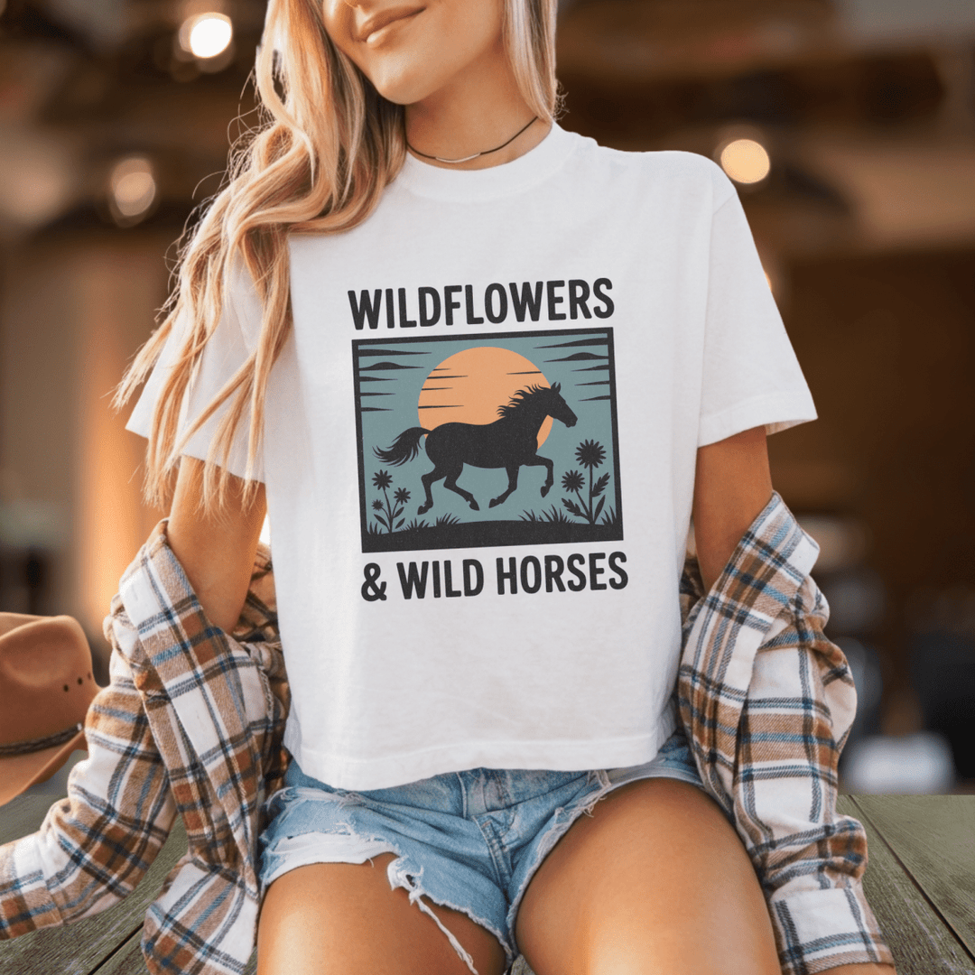 Wildflowers and Wild Horses Boxy Cropped Tee - Sunlit Funlit | Graphic Tees for Country Concert Addicts