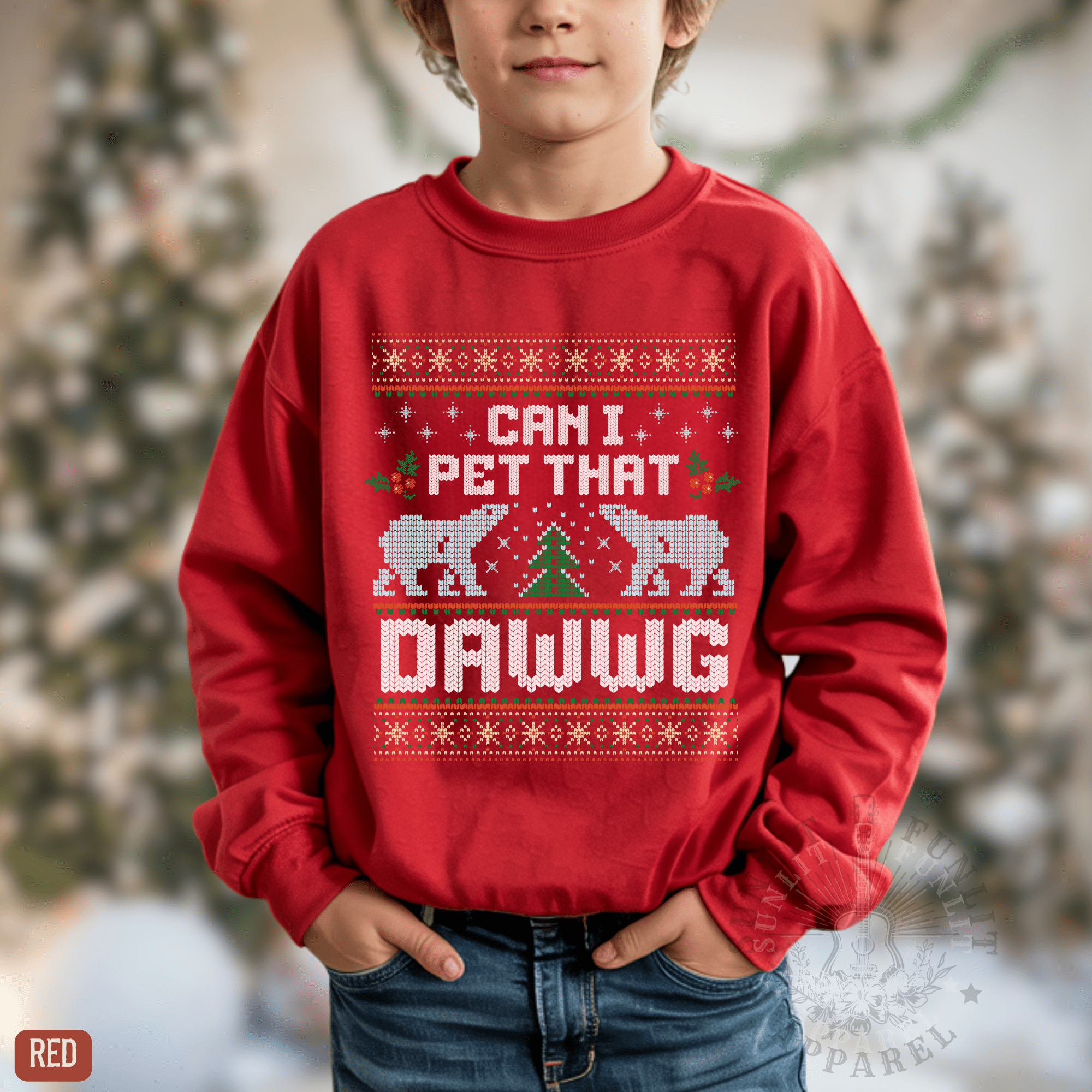 Youth Can I Pet That Dawg Christmas Sweater - Sunlit Funlit | Graphic Tees for Country Concert Addicts